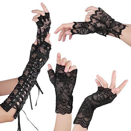 Yolev 3 Paare Frauen Fingerlose Spitze Handschuhe Set Lace Gloves Ellbogen Riemen Steampunk Armstulpen Fingerlos Kurze Fingerlose Braut Blume Handstulpen Braut Spitzen Handschuhe Schwarz Damen von Yolev