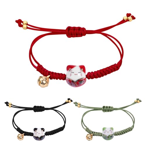 Yolev 3 Stück Glückskatzen Armband Kawaii Katze Keramikperlen Armband Verstellbares Glücksarmband Geflochtenes Freundschaftsarmband Glückskatzen Armband für Männer Frauen Mädchen von Yolev