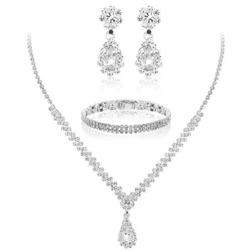 Yolev ﻿2 Stück Brautschmuck Set Silber Strass Hochzeit Schmuck Set für Damen Set Hochzeit Braut Strass Halskette Dangle Ohrringe Glänzendes Armband Party Braut Brautjungfer Schmuck von Yolev