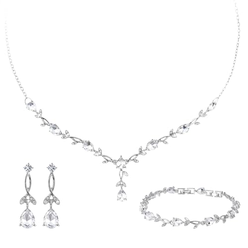 Yolev 2 Stück Schmuck Silber Set Hochzeitsschmuck Braut Brautschmuck Set Strass Halskette Dangle Ohrringe Glänzendes Armband Hochzeit Party Braut Brautjungfer Schmuck von Yolev