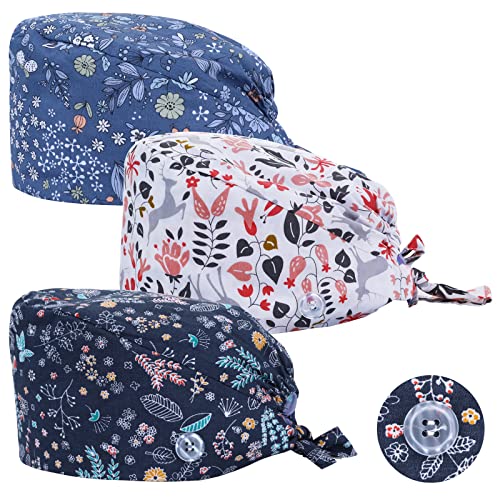 Yolev 3 Stück OP Haube Verstellbar mit Knopf Arbeitskappe Baumwolldruck Kranken schwesternkappe Unisex Staubhauben kappe（Blätter Stil） von Yolev