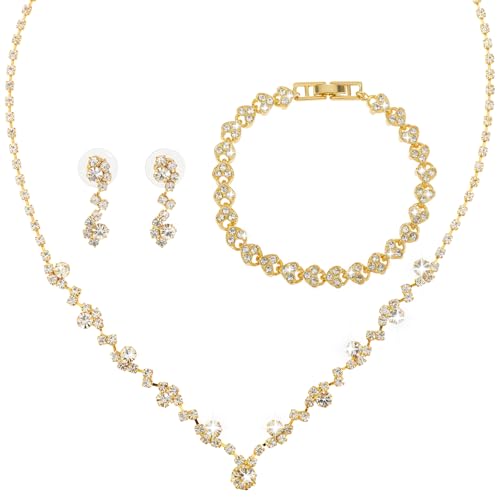 Yolev 3 Teiliges Kristall Brautschmuck Set Damen Schmuckset Strass Kristall Halskette Armband Tropfen Ohrringe Glänzendes Armband Hochzeit Braut Brautjungfer Schmuck Silber Gold(Gold) von Yolev
