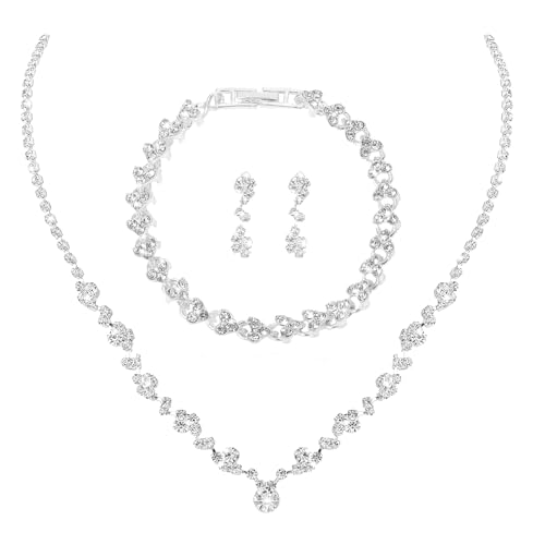 Yolev 3 Teiliges Kristall Brautschmuck Set Damen Schmuckset Strass Kristall Halskette Armband Tropfen Ohrringe Glänzendes Armband Hochzeit Braut Brautjungfer Schmuck Silber Gold(Silber) von Yolev