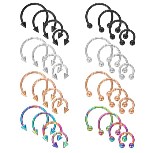 32 Stück Hufeisen Piercing 16G Chirurgischem Nasenring Septum Piercing 6/8/10/12mm Lippenpiercing Set für Damen Herren Nasenring Knorpelpiercing für Tragus Knorpel Lippe Augenbraue Schwarz Silber Gold von Yolev