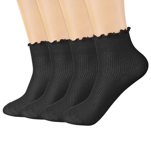 Yolev 4 Paar Damen Rüschen Socken Schwarz Baumwollsocken Pilz-Freizeitsocken Weiche Atmungsaktive Strick Knöchelsocken für Damen und Mädchen von Yolev