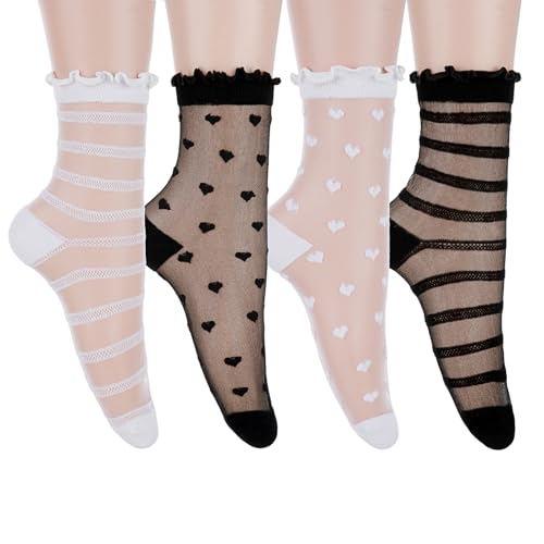 Yolev 4 Paar Durchsichtige Socken Rüschen Söckchen Damen Dünne Feinstrümpfe Durchsichtige Sommer Knöchel Rüschen Trachtensocken Gepunktet Gestreift Kariert Netzsocken für Damen Mädchen von Yolev