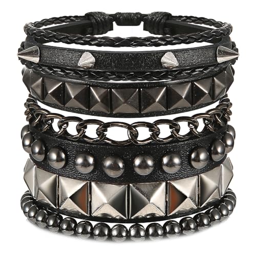 Yolev 4 Stück Lederarmband Herren Punk Schwarz Geflochtenes Armband Set Verstellbares Spike Manschettenarmband aus Metall Armbänder Set Länge Geflochtenes Armband Hherren Schwarz von Yolev