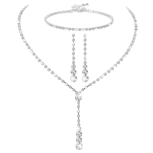 Yolev 4 Stück Schmuck Set Hochzeitsschmuck Braut Tropfen Halskette Anhänger Ohrringe Strass Armband Set Silber Schmuck Hochzeit Brautschmuck für Frauen und Mädchen Hochzeit Party von Yolev