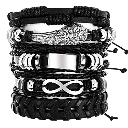 Yolev 5 Stück Lederarmband Herren Punk Geflochtene Armbänder Set Damen Geflochtene Manschette Wrap Vintage Leder Armband Herren Geflochten Längenverstellbar Geflochtenes Lederarmband Damen Schwarz von Yolev