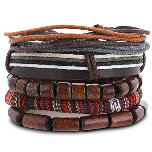 Yolev 5 Stück Lederarmband Herren Wickelarmbänder für Männer Frauen Hanfseil Holzperlen Ethnisches Tribal Armband Goth Bracelet Men Geflochten Breites Armbänder Set Herrenarmbänder von Yolev