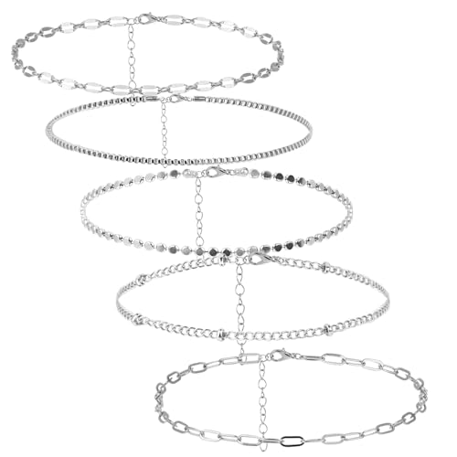 Yolev 5 Stück Armband Damen Silber Stapelbares Ketten Armbander Set Verstellbar Modischer Silberschmuck Angenehm zu Tragen Einfaches Dünnes Festival Armbänder Silber Damen von Yolev