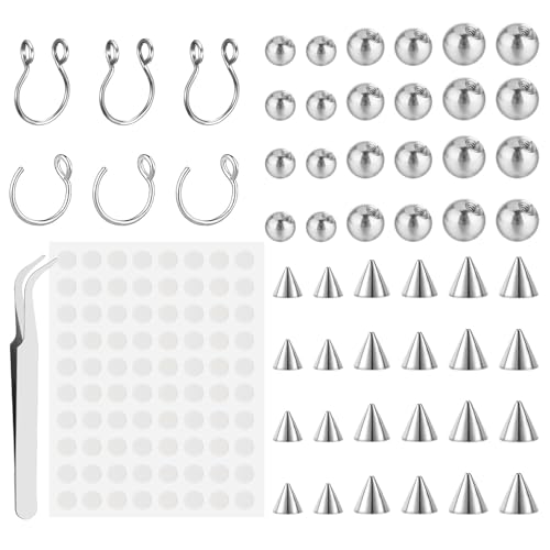 Yolev 54 Stück Fake Piercing Kugel Nasen Lippenohrringe 3 mm 4 mm 5 mm Stahlfarbe Fake Nose Ring Gefälschtes Augenbrauen Fake Septum Piercing Ohr mit Aufkleber Fake Piercings Einfach zu Tragen von Yolev