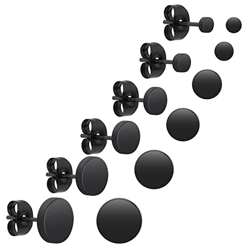 Yolev 6 Paar Dot Ohrstecker Schwarz Unisex Edelstahl Ohrstecker Runde Flat Top Ohrringe Schwarz Set Damen Herren Mädchen (3mm-8mm) Halloween Punk Rock Ohrstecker von Yolev