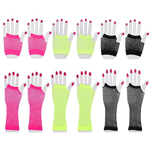 Yolev 6 Paar Netzhandschuhe Neon Fischnetz Handschuhe Lange Kurze Fingerlose Handschuhe Elastisches Netz Vintage Fishnet Gloves Halloween Damen Mädchen 80er 90er Jahre Accessoires Bekleidungszubehör von Yolev