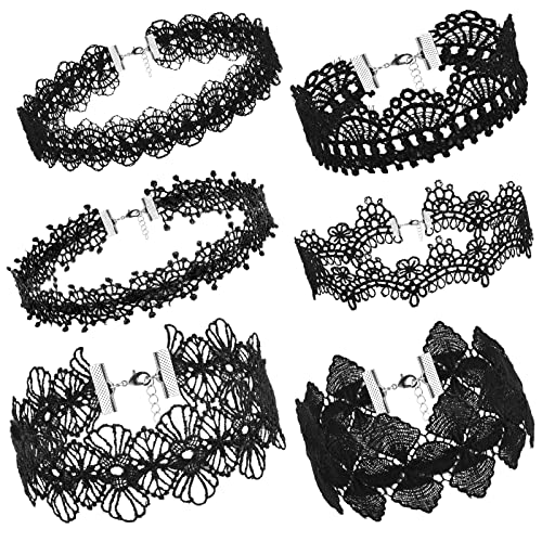 Yolev 6 Stück Schwarz Choker Halskette Set Stretch Halsketten Schwarz Spitze Tattoo Choker Gothic Halskette für Frauen Mädchen, Schwarz, Einheitsgröße von Yolev