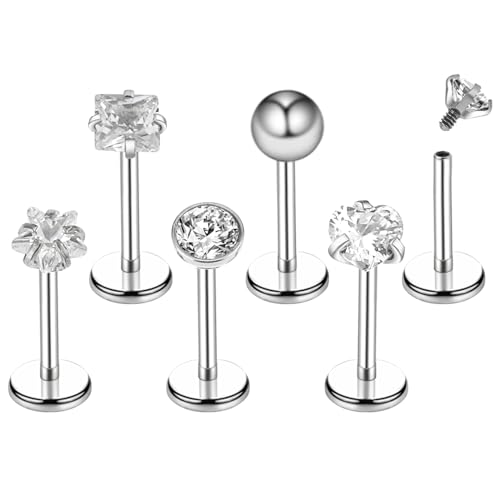 6 Stück Nasenpiercing Nase Damen Nasenstecker Chirurgenstahl Nasennadeln Nose Ring Tragus Piercing Schmuck 16G Helix Lippenpiercing 8mm Silber Tragus Piercing mit Zirkonia Piercing Damen Schmuck von Yolev