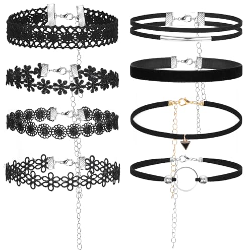 Yolev 8 Stück Halsband Damen Spitze Trachtenkette Schwarz Samt Choker Halsband Halloween Schlüsselbein Halskette Samtkropfband Tattoo Kette Gothic Spitzen Halskette für Halloween Party Cosplay von Yolev