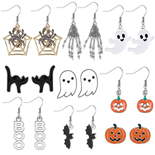 Yolev 9 Paar Halloween Ohrringe Earrings Ohrstecker Schwarz Ohrringe Spinnennetz Kürbis Geist Fledermaus Boo Dangle Earrings Mädchen Herren Halloween Kürbis Gothic Ohrringe Schmuck von Yolev