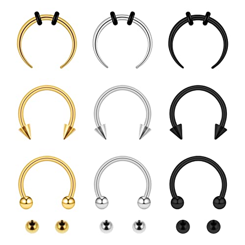 Yolev 9 Stück Hufeisen Septum Piercing Edelstahl Nasenring Piercings Schmuck für Männer Frauen Hufeisen Ohrringe Lippenpiercing Ring Silber Schwarz Gold Zwischenring Schmuck von Yolev