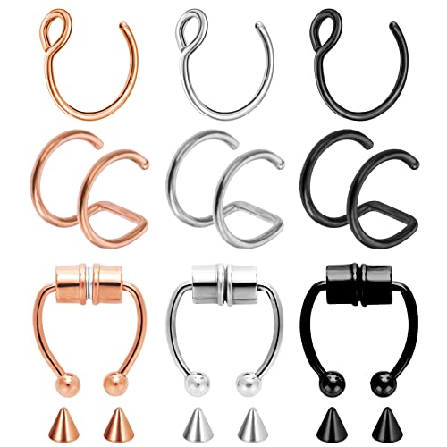 Yolev 9 Stück Septum Perforierter Edelstahl Magnetischer Gefälschter Nasenring Hufeisenförmiger Fake Septum Piercing Lippenpiercing Ring Frauen Gefälscht Nasenpiercing Magnet Chirurgenstahl von Yolev