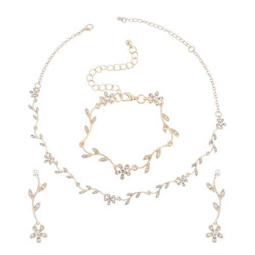 Yolev Brautschmuck Strass Braut Hochzeit Halskette Ohrringe Armband Set Gold Floral Hochzeit Strass Anhänger Halskette Braut Brautjungfer Schmuck Set von Yolev