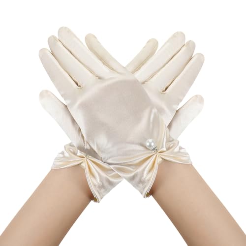 Yolev Brauthandschuhe Kurze Satin Satinhandschuhe Damen Elegant Blumenhandgelenk Spitzenhandschuhe Höflichkeits Sommer Hochzeits Oper Dinner Handschuhe von Yolev