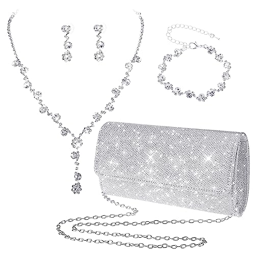 Yolev Brautschmuck Set Silber Clutch Geldbörse Bling Bling Abendessen Tasche Strass Schmuckset Choker Halskette Ohrringe Glitzer Armband Abschlussball Schmuck Set Damen Hochzeitsschmuck Braut von Yolev