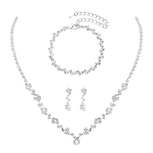 Yolev Brautschmuck Set Silber Strass Hochzeitsschmuck Braut Enthält Damen Brautjungfer Halsketten Armband Ohrringe Abschlussball Kostüm Schmuck Hochzeit Set für Braut Hochzeitsfeier von Yolev