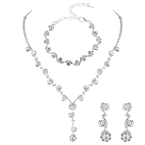 Yolev Brautschmuck Set Silber für Hochzeit Abschlussball Hochzeitsschmuck Braut Schmuck Set Silber Brautjungfern Strass Halskette Armband Ohrringe für Frauen Schmuck Set Hochzeit Mädchen von Yolev