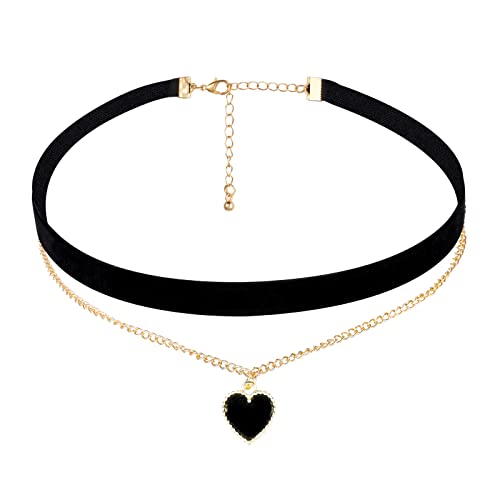 Yolev Choker Halsband Schwarz Samt Halskette Klassische Samt Herz Halskette Geschichtet Verstellbare Halsband Damen Schmuck für Mädchen Gothic Choker Kette Schwarz Damen 90er Deko von Yolev