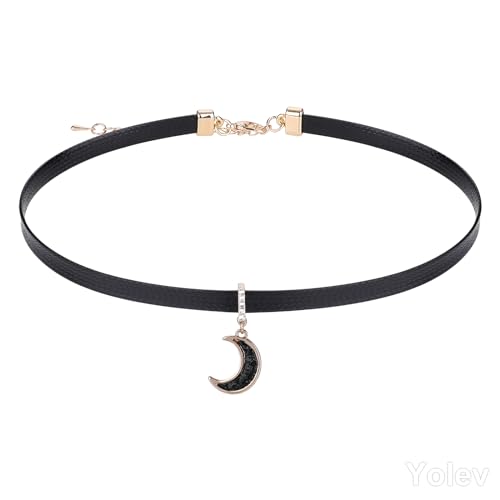 Yolev Choker Schwarz Halskette Damen Leder Goth Halskette Schwarzes Halsband Gothic Choker Halsband Kette mit Mond Anhänger Schmuck Lederkette Damen Mädchen Weihnachten Zubehör von Yolev