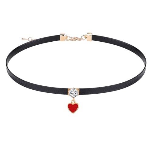 Yolev Choker Schwarz Halskette Damen Leder Goth Halskette Schwarzes Halsband Gothic Choker Halsband Kette mit Liebe Anhänger Schmuck Lederkette Damen Mädchen Weihnachten Zubehör von Yolev