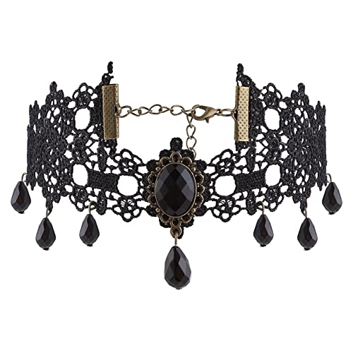 Yolev Choker Schwarze Spitze Gothic Steampunk Halskette Choker Halsband mit Kristallen Vampir Kette Frauen und Mädchen Vampir Accessoire Cosplay Schmuck Party Vintage Kostüme Damen von Yolev