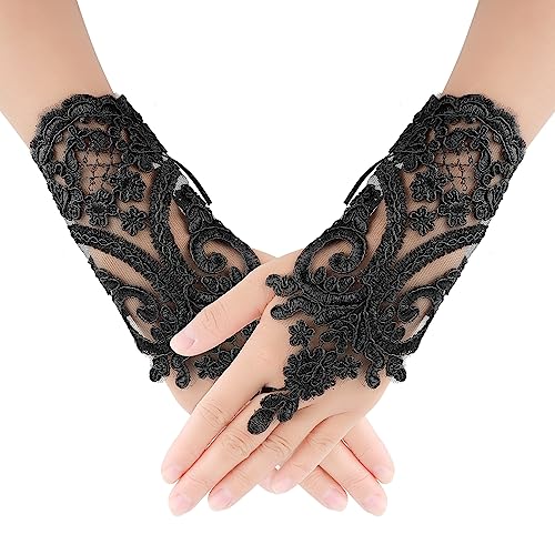 Yolev Damen Fingerlos Spitze Handschuhe Kurz Blumen Bestickt - Schwarze Teeparty Opernball Hochzeit Party Halloween Kleid Accessoires von Yolev