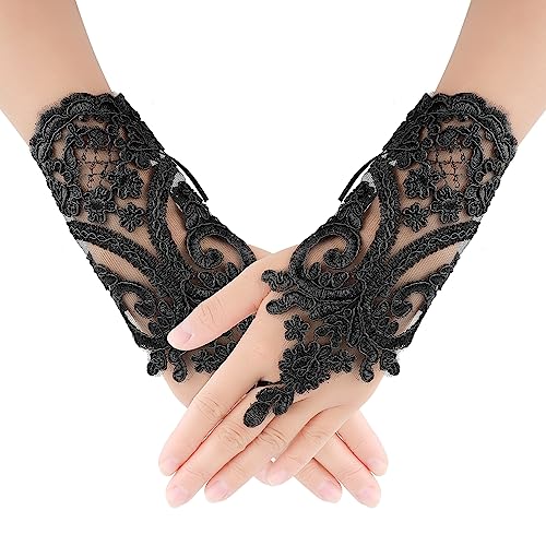 Yolev Damen Fingerlos Spitze Handschuhe Kurz Blumen Bestickt Handschuhe Schwarze Teeparty Handschuhe Opernball Hochzeit Party Halloween Kleid Accessoires von Yolev