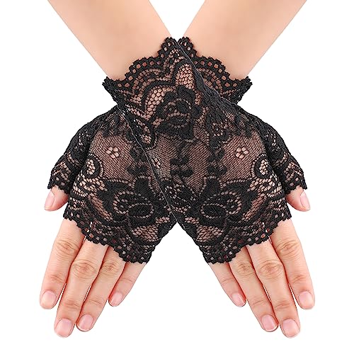 Yolev Damen Fingerlose Handschuhe Schwarze Spitze Handschuhe Kurze Braut Hochzeits Handschuhe Abschlussball Teeparty Halloween Kostüm Zubehör von Yolev