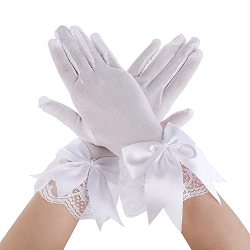 Yolev Damen Mesh Handschuhe mit Schleife Abgeschnitten Vintage Spitze Opern Handschuhe Stretch Braut Handschuhe für Hochzeit Party Teeparty Abschlussball Party (weiß) von Yolev