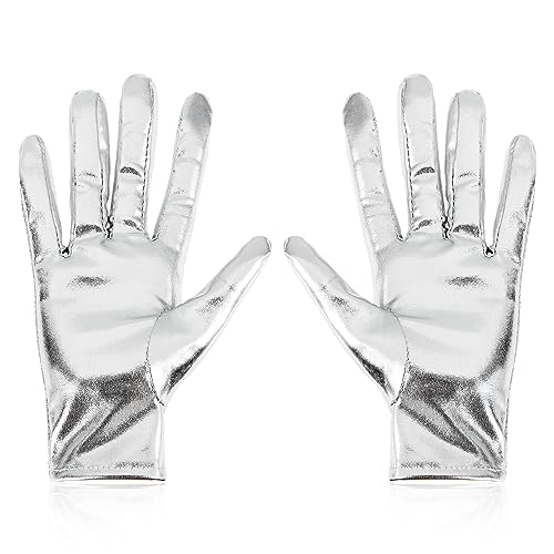 Yolev Damen Silber Leder Handschuhe - Halloween Metallic Performance Punk Kurze Handgelenk für Frauen Mädchen 80er Jahre Cosplay Kostüm Zubehör von Yolev