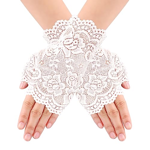 Yolev Damen Spitze Fingerlose Handschuhe Kurze Spitzenhandschuhe Weiße Braut Hochzeits Handschuhe Abschlussball Teeparty Kostüm Zubehör von Yolev