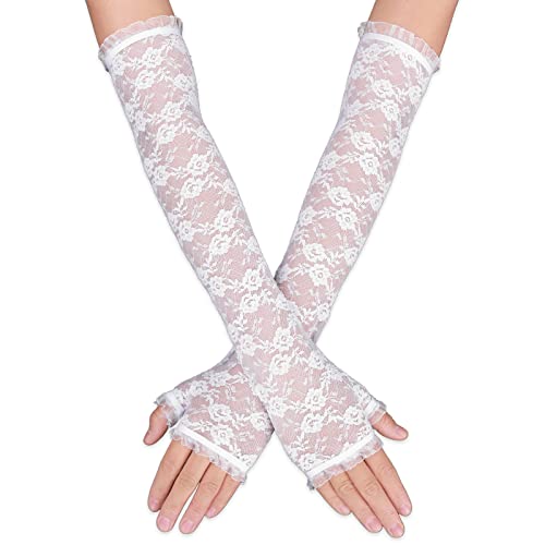 Yolev Damen Spitze Fingerlose Handschuhe Weiße Brauthandschuhe Elegante Lange Florale Ellenbogen Handschuhe Damen Hochzeit Oper Teeparty Kostümzubehör von Yolev