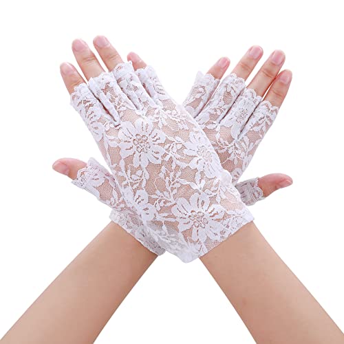 Yolev Weiß Spitzen Brauthandschuhe Damen Fingerlose Handschuhe Kurze Blumen Netz Handschuhe Braut Hochzeit Halbfinger Handschuhe für Oper Abendessen Teeparty von Yolev