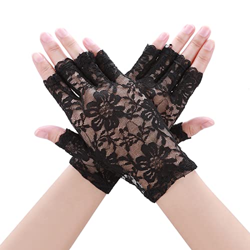 Yolev Damen Spitzen Fingerlose Handschuhe Kurze Blumen Netz Handschuhe Braut Hochzeit Halbfinger Handschuhe für Oper Abendessen Teeparty Beerdigung (Schwarz) von Yolev