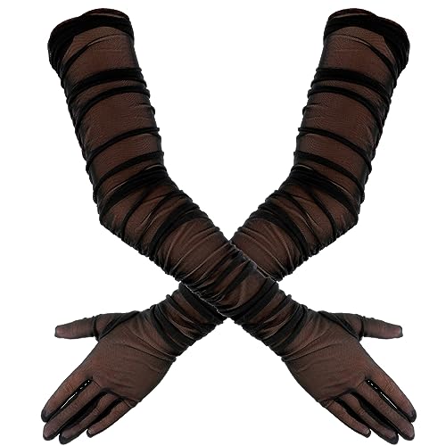 Yolev Damen Tüll Handschuhe Lange Schwarze Spitze Transparente Handschuhe Retro Ellbogenlänge Partyhandschuhe Damen Oper Halloween Teeparty Kostüm Zubehör von Yolev