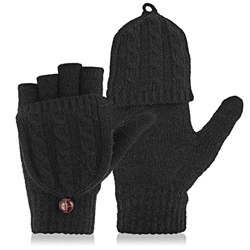 Yolev Damen Winterhandschuhe Flip Foil Fingerlose Handschuhe Schwarz Verdickte Warme Strick Handschuhe für Kaltes Winterwetter von Yolev