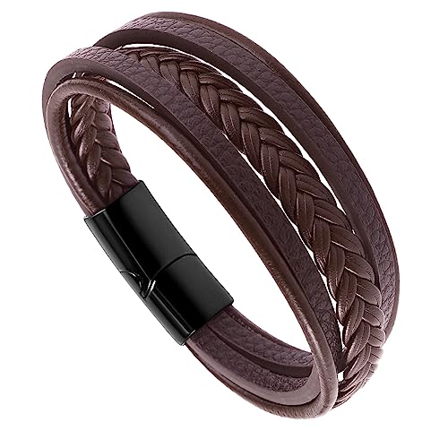 Yolev Geflochtenes Lederarmband Herren aus Edelstahl für Männer Armband aus Leder und Magnetischem Knopfarmband aus Stahl Leder Armband Herren von Yolev