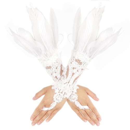 Yolev Damen Spitze Fingerlose Handschuhe Weiß Lange Federhandschuhe Halloween Kostüm Party Handschuhe Damen Feder Spitzenhandschuhe Karneval Oper Party Cosplay Kostüm Zubehör von Yolev