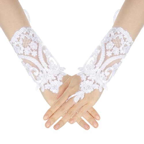 Yolev Fingerlos Handschuhe Weiß Kurz Blumen Spitze Handschuhe Damen Bestickt Netzhandschuhe Opernball Teeparty Handschuhe Fingerlos Spitzenhandschuhe für Hochzeit Halloween Bankett Party von Yolev