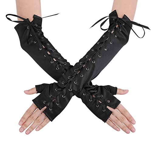 Yolev Damen Fingerlose Handschuhe Lange Schwarze Satin Handschuhe Ellbogen Krawatten Handschuhe Vintage Punk Handschuhe für Fasching Halloween Ball Party Verkleidung von Yolev