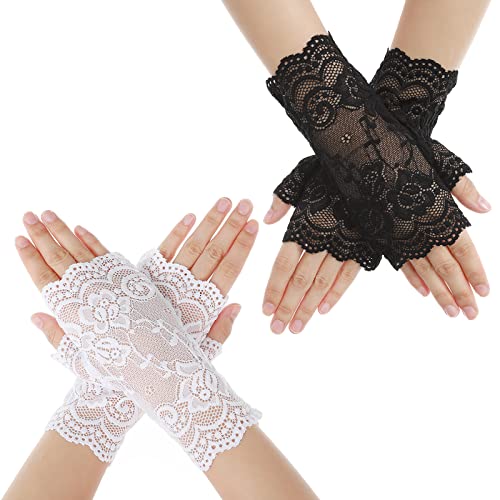 Yolev Fingerlose Handschuhe 2 Paar Damen Spitzen - Cropped Floral Net Braut Hochzeit für Oper Dinner Tea Party Beerdigung von Yolev