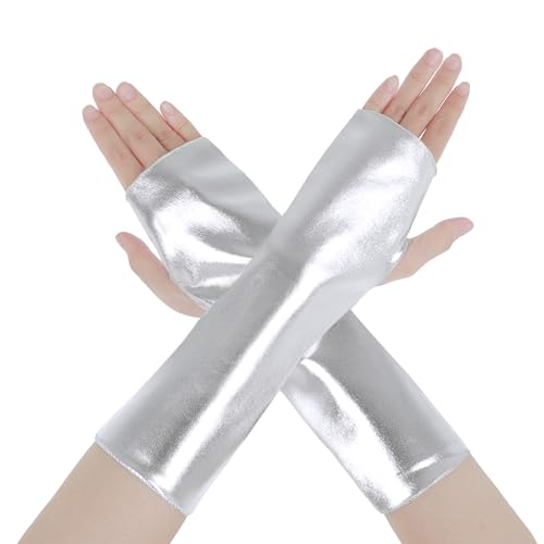 Yolev Fingerlose Handschuhe Metallic Silber Halloween Damen Discokugel Kostüm Kunstleder Goth Rave Cosplay Punk Prom Lange Handschuhe Fingerlos Damen Leder Alien Kostüm Zubehör für den Abschlussball von Yolev